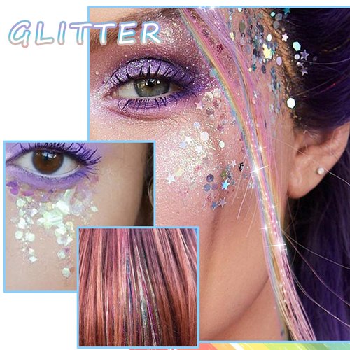 Wugbc Body Glitter Gel Hair Tinsel Set, Festival Accessories for Woman Girls, Colorful Sequins Shimmer Face Singer Makeup, Rave Essentials Chunky Sparkling Halloween Party White Mermaid, 50ml, 4Pcs