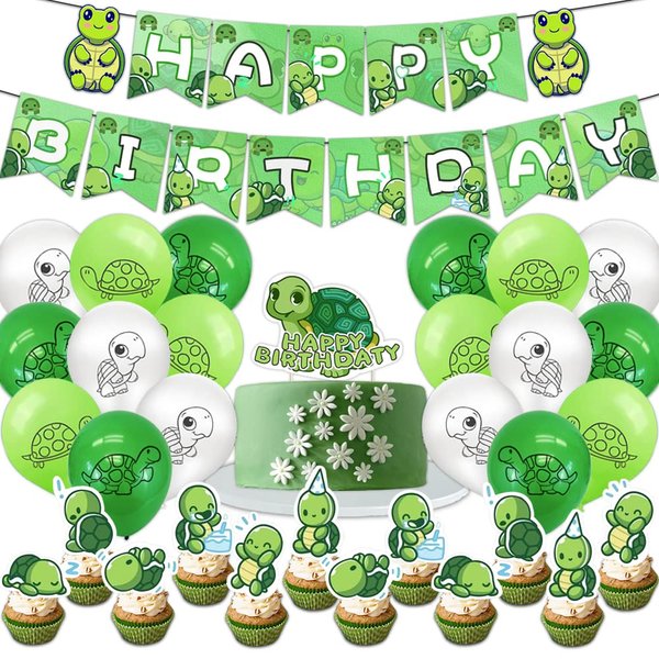 Turtle Birthday Decorations Cute Ocean Animals Party Supplies Kit 1 Happy Birthday Banner,18 Latex Balloons,1 Cake Topper,12 Cupcake Toppers for Baby Shower Kids Birthday