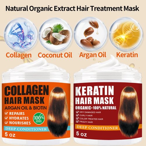2 Pack Collagen Hair Mask & Keratin Hair Mask,Hydrating Argan Oil Hair Repair Treatment Deep Conditioner Hair Protein Treatment for Dry Damaged Hair,Natural Keratin Hair Treatment Hair Masque