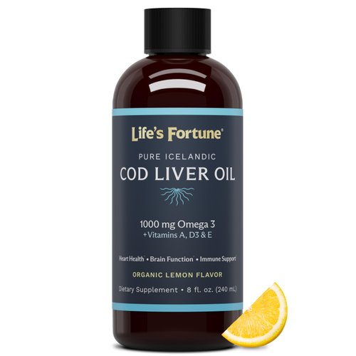 Life's Fortune Organic Cod Liver Oil Liquid Lemon Flavor Supplement - High Potency Fish Oil Omega 3 DHA & EPA, Vitamin A, E & D3 - Immune Health, Joints, GMO Free, 1000 mg (8 Oz)