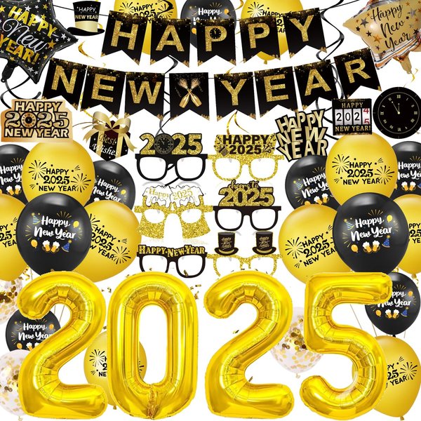New Year 2025 Decorations New Years Eve Party Supplies 2025 Happy New Year Banner New Year Party Glasses Balloons 2025 Swirl for New Years Eve Party Decorations 2025