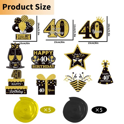 40th Glitter Black Gold Birthday Banner Party Decorations, Happy 40th Birthday Decorations Hanging Swirls Banner Honeycomb Centerpieces for Men Women Happy 40 Years Old Bday Party