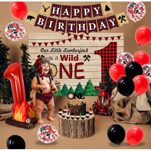 JOYMEMO Lumberjack First Birthday Party Decorations, Buffalo Plaid Camping Backdrop Wild one Happy Birthday One High Chair Banner for Bear 1st Birthday Party supplies