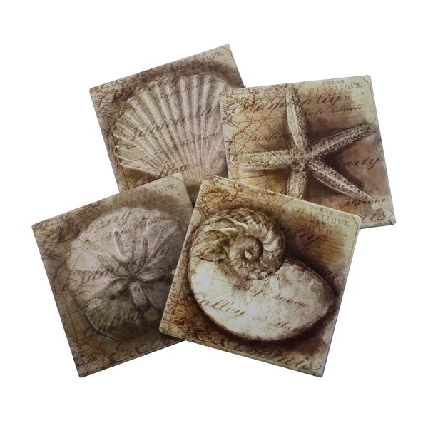 Nautical Ocean Beach Coaster Set of 4 | Assorted Seaside Ceramic Coaster with Cork Backing | Starfish Seashell Sand Dollar and Snail Shell