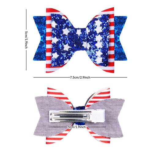 Whaline 4th of July Bow Hair Clips 6pcs Glitter American Flag Barrette Hair Bow Patriotic Stars and Stripes Hairgrips Baby Girls Women Hair Accessories for Independence Day Memorial Day