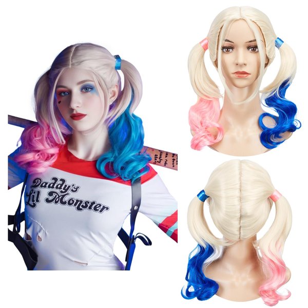 AGPTEK Pink and Blue Wig for Women Curly Wig Blonde with Blue and Pink Pigtails Wig Two Ponytails Wig Heat Resistant Synthetic Hair Wig for Women Girls Halloween Costume Anime Cosplay Wig
