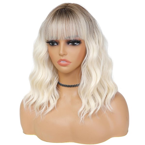 BEAUTIFA Ombre Platinum Blonde Wig with Bangs for Women 14 Inch Shoulder Length Short Bob Wavy Curly Wig Platinum Blonde Wig Heat Resistant Synthetic Wigs