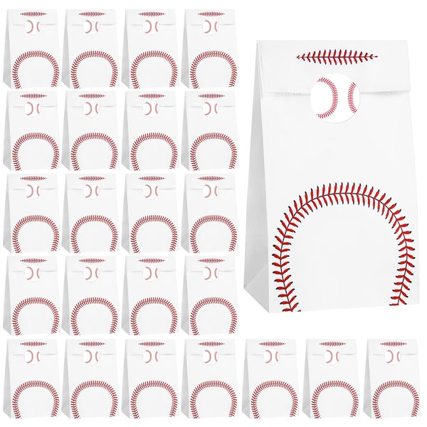 durony 24 Pack Baseball Gift Bags Paper Treat Bags Baseball Print Goodie Bags with Stickers for Sports Theme Party Decorations, Game Celebration Supplies
