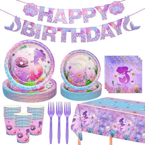 122Pcs Mermaid Birthday Decorations Party Supplies, Party Favors Disposable Dinnerware Set Including Tablecloth, Banner, Plates, Cups, Napkin, Fork, Ocean Party Decorations Serves 24 Guest