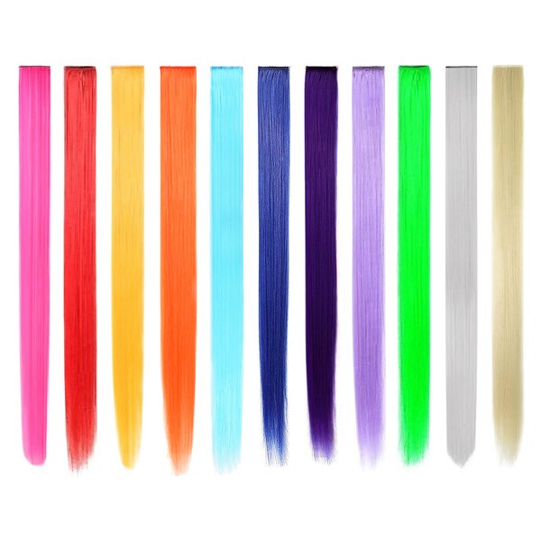 Beaute Galleria Bundle 11 Pieces Rainbow Multi-Color 21 Inches Straight Party Highlights Clip In Synthetic Hair Extensions Cosplay Comic Con Halloween Costume