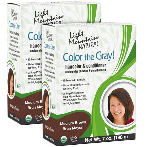 Light Mountain Henna Hair Color & Conditioner, Color the Gray - Medium Brown Hair Dye for Men/Women, 2-Step Chemical-Free, Semi-Permanent Hair Color for White, Gray, and Blonde Hair, 7 Oz (Pack of 2)
