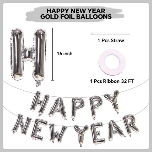 Silver Happy New Year Balloons, 16 Inch Happy New Year Foil Letter Balloons, 2025 New Years Decorations for New Years Eve Party Supplies 2025 New Years Eve Décor