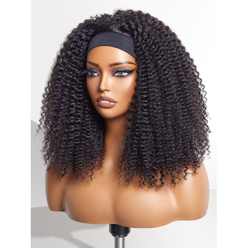 LUVME HAIR Jerry Curl Human Hair Headband Wig Throw On & Go No Lace Glueless Human Hair Wigs with Headband Attached Beginners Friendly Deep Curly Head Band Wigs 16 Inch