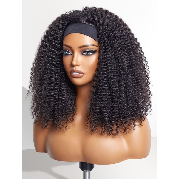 LUVME HAIR Jerry Curl Human Hair Headband Wig Throw On & Go No Lace Glueless Human Hair Wigs with Headband Attached Beginners Friendly Deep Curly Head Band Wigs 16 Inch