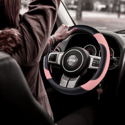 Leather Car Steering Wheel Cover, Non-Slip Car Wheel Cover Protector Breathable Microfiber Leather Universal Fit for Most Cars(Pink)