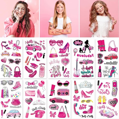 Pink Temporary Tattoos for Girls - 89+PCS Styles (10 Sheets)| Pink Birthday Decorations Hand Face Tattoo Stickers Party Supplies, Party Favors, Fan Cute, Birthday Party Gift
