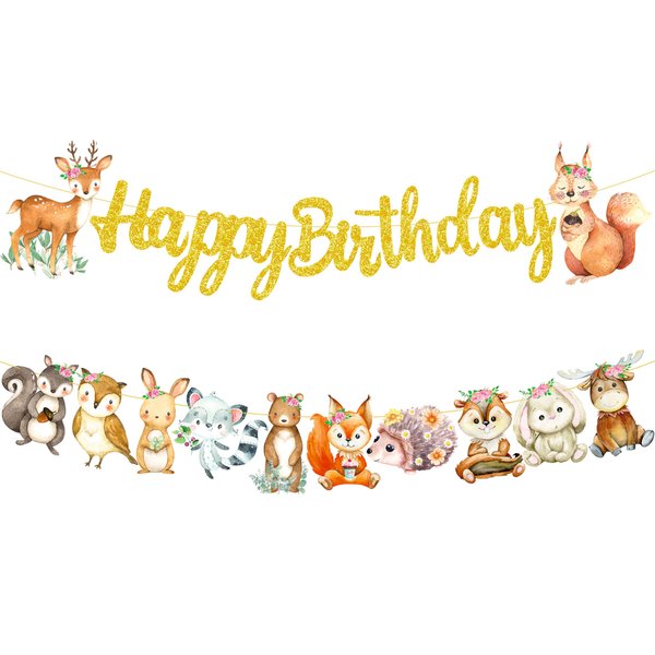 Woodland Animal Birthday Banner 2Pcs Woodland Creatures Banners Forest Animals Cutout Banners Woodland Birthday Party Decorations for kids Woodland Animal Themed Birthday Party Baby Shower Supplies