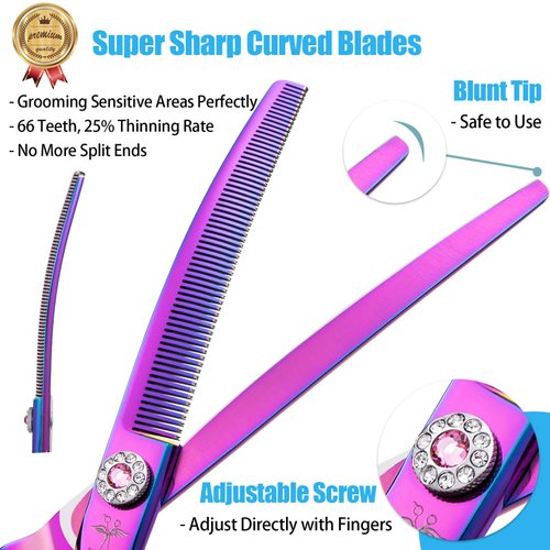 PURPLEBIRD 7 Inch Downward Curved Dog Grooming Scissors Thinning Texturizing Shears Professional Safety Blunt Tip Trimming Shearing for Dogs Cats Face Paws Limbs Japanese Stainless Steel Purple