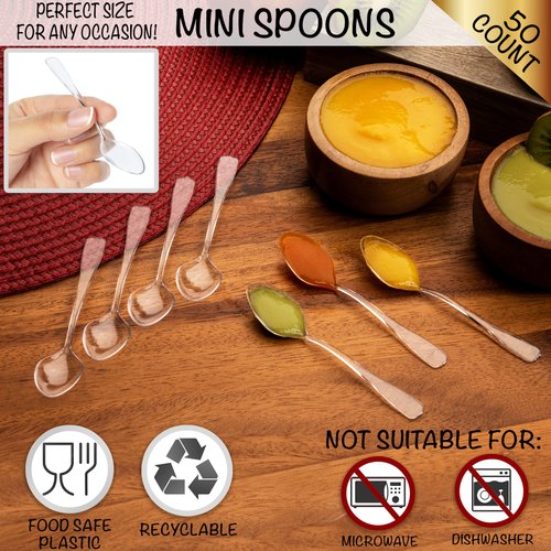 Loreso Plastic Mini Clear Dessert Spoons For Miniature Dessert Cups, Tasting Party, Sampling, Ice Cream, Small Catering Supplies - Reusable 50 CT