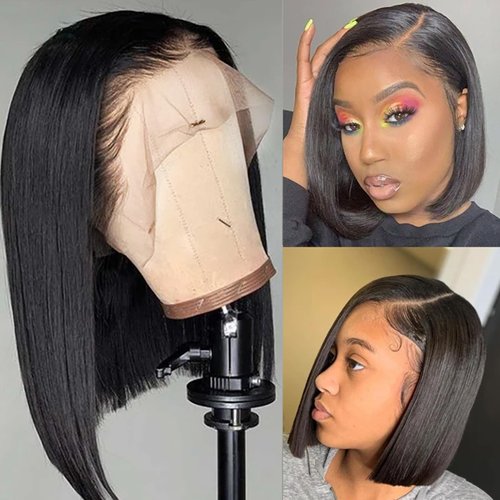 Bob Wig Human Hair 13x4 HD Frontal Lace Wig Short Straight Bob Wigs for Women Glueless Bob Lace Front Wigs Human Hair Pre Plucked 150% Density Natural Black Color 10 inch (13x4 bob wig, 14 inch)