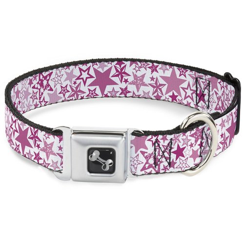 Dog Collar Seatbelt Buckle Stargazer White Pink 13 to 18 Inches 1.5 Inch Wide