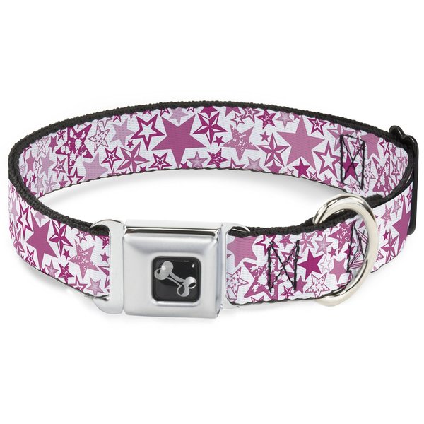 Dog Collar Seatbelt Buckle Stargazer White Pink 13 to 18 Inches 1.5 Inch Wide
