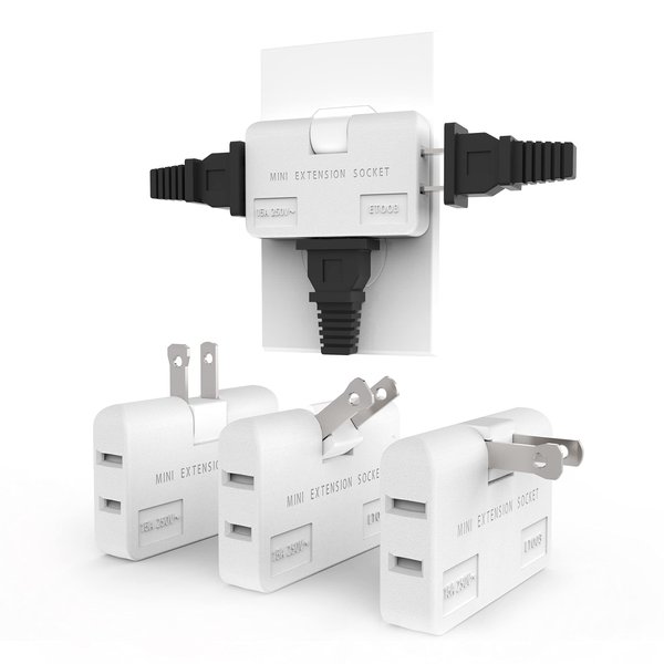 ETwinCoo 3 Way Flat Wall Outlet Extender AC Adapter - 2-Prong Swivel Mini Indoor Wall Tap Plug, Outlet Splitter (Quick & Easy Install) Perfect for Home and Travel, Type A, White (3 Pack)
