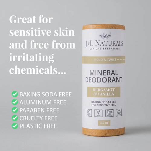 J&L Naturals Mineral Deodorant | Baking Soda-Free, 100% Natural, Sustainable Skin Care | Sensitive Deodorant For Women & Men | Aluminum Free, Vegan, Cruelty-Free (Bergamot & Vanilla, 3 Oz (Pack of 2))