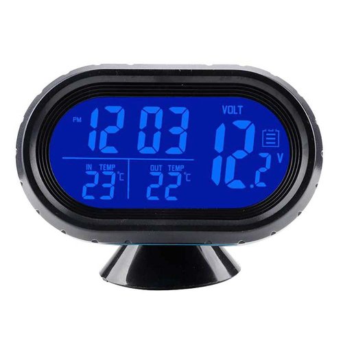 Riloer 12V Car Digital Thermometer Voltmeter Clock Alarm Monitor Orange+Blue, Clock LCD Detector LED Display, Multifunctional Auto Meter Clock Voltage Freezing Temperature Gauge