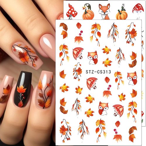 Fall Nail Art Stickers Autumn Leaf Nail Decals 5PCS Self-Adhesive 3D Fall Stickers for Nails Fox Maple Leaf Pumpkins Nail Art Design Supplies Cute Nail Sticker Nail Art for Women Nail Art Decorations