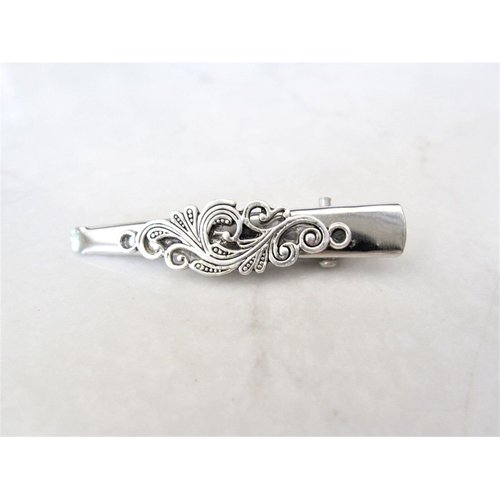 Small silver tone metal filigree alligator hair claw clip clamp fine hair