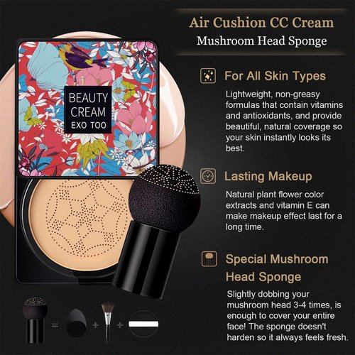 2 Pack Mushroom Head Air Cushion CC Cream Foundation, Full Coverage Liquid Concealer Makeup Foundation with Two Mushroom Head Sponges