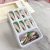 Glitter Green Irregular Pattern Press on Nails Extra Long Ballerina Fake Nails White Lines Coffin Nails Glossy Full Cover Artificial False Nails Design Reusable Stick on Nails Glue on Nails for Women