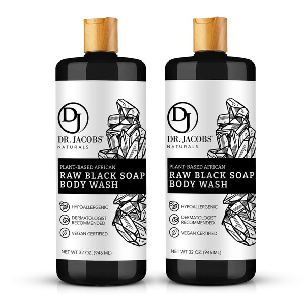 Dr Jacobs Naturals Authentic African Raw Black Soap, All-In-One Cleanser for Face Wash, Sensitive Skin Body Wash, Shampoo, Shaving Soap | Shea Butter Moisturizing and Nourishing Formula | 32oz 2pk