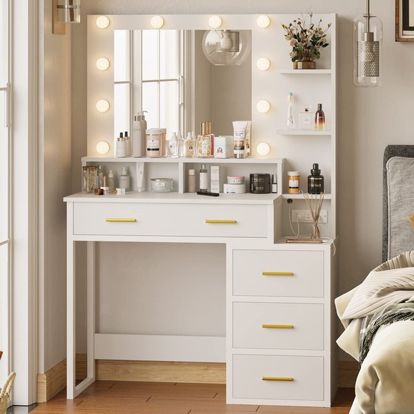 Tiptiper White Makeup Vanity with 10 Light Bulbs, Modern Vanity Desk with Mirror, 3 Lighting Modes, 2 USB Ports and Outlets, Makeup Desk with Nightstand, Storage Shelves and Drawers