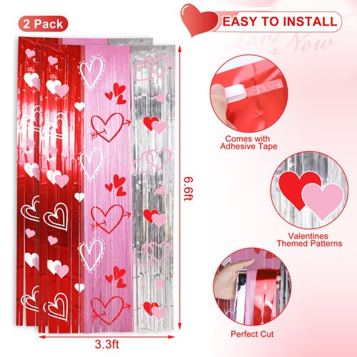 Foil Fringe Curtains Backdrop Valentines Party Decorations, 2 Pack 3.3 x 6.6 FT Red Pink Silver Tinsel Valentines Day Backdrop, Valentines Photo Backdrops Galentines Day Decor Wedding Party Decor