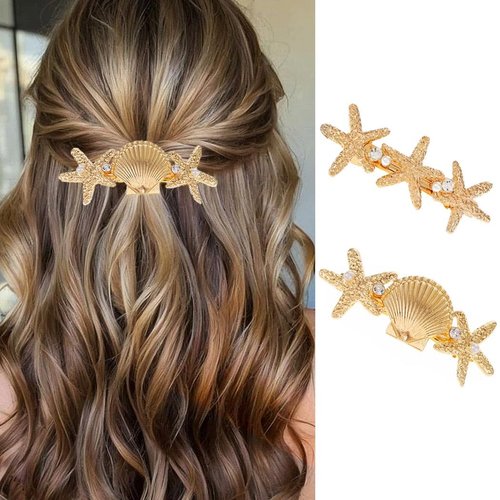 CAKURE Starfish Hair Clips Gold Metal Sea Star Hairpins Seashell Spring Automatic Hair Barrettes Beach Hair Accessories for Women and Girls (Pack of 2)