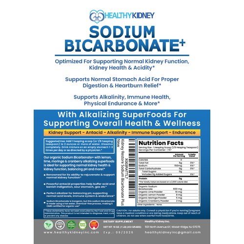 Organic Sodium Bicarbonate Alkaline Supplement For Alkalinity. Support Kidneys & Stomach Acid Neutralizer with Alkaline Superfoods. Sodium Bicarbonate Powder Kidney Immune Support Antacid Sports 2 LB.