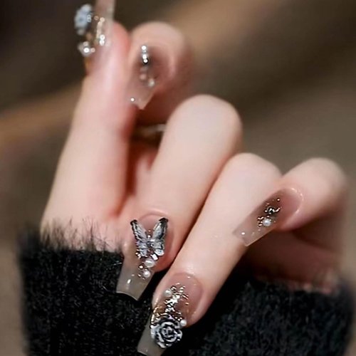 Hkanlre Coffin Press on Nails Flower Fake Nails Tips Full Cover Butterfly Medium False Nails for Women and Girls 24PCS