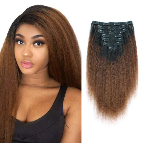 Lovrio 9A Grade Kinky Straight Clip in Hair Extensions Double Weft Remy Virgin Human Hair Tone Natural Black Fading into Light Chocolate Brown KSTN/4 17 Clips 120g 14"