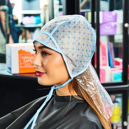 Colortrak 48 Disposable Caps with 4 Needles Kit for Tipping, Hair Color and Highlighting, Lined Cap with Neck Protector Minimizes Color Bleeding, Pull-Out Visor Protects Face - Blue