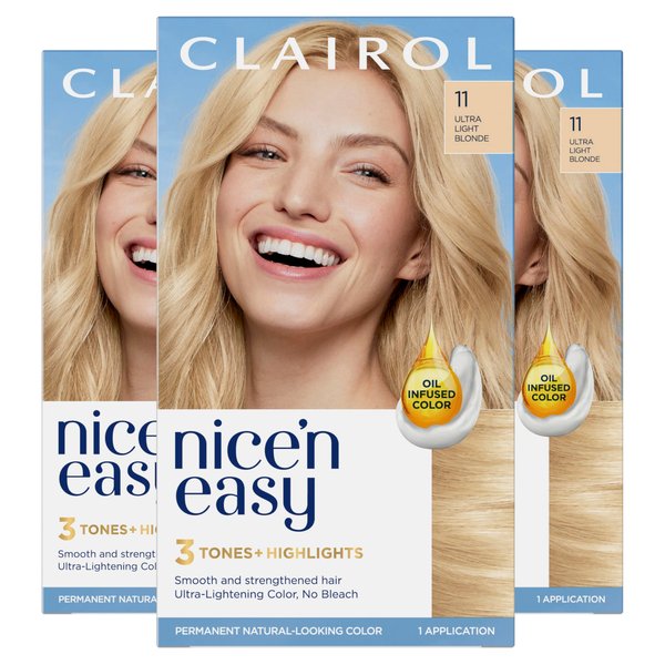 Clairol Nice'n Easy Permanent Hair Dye, 11 Ultra Light Blonde Hair Color, Pack of 3