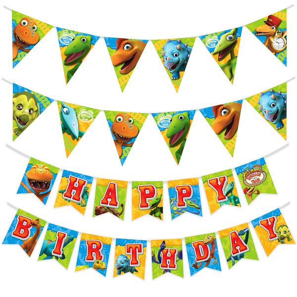 Treasures Gifted Officially Licensed Dinosaur Train Birthday Party Supplies - Set of 3 Dinosaur Train Birthday Banners - 1 Happy Birthday Banner & 2 Triangle Pennants - Dinosaur Train Banner