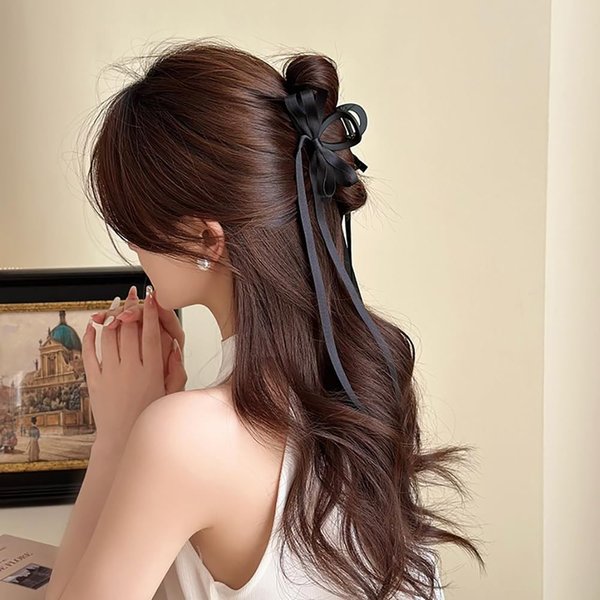Bow Hair Clips with Long Tail French Hair Barrettes for Women Girls Black Ribbon Hair Claw Clip for Thick Long Hair Non Slip Bowknot Hair Accessories for Prom Party