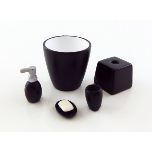 Houseworks, Ltd. Dolls House Miniature Modern Black Bathroom Accessory Set Bin Soap Tumbler 5 Pc
