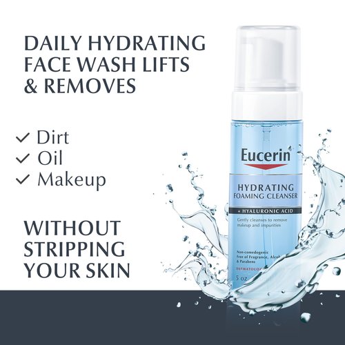 Eucerin Hydrating Foaming Daily Facial Cleanser with Hyaluronic Acid, 5 Fl Oz,Blue