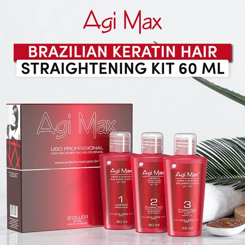 Agi Max Brazilian Natural Keratin Hair Treatment Kit for Straightening Curls and Frizz, Reducing Dry Damage, Nourish and Hydrate Root to Tip, Support Color Treated Styles - 3 Steps (3 x 60ml)