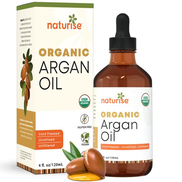Naturise Organic Argan Oil - Organic Argan Oil Cold Pressed Argan Oil of Morocco - Vegan Non-GMO Gluten Free Argan Oil for Hair Growth and Skin Moisture - 100% Pure Moroccan Oil Hair Oil (4 fl. oz.)