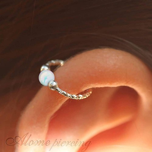 Cartilage Earring Hoop - 20G Sterling Silver helix piercing ear ring - white opal cartilage earring , silver cartilage hoop