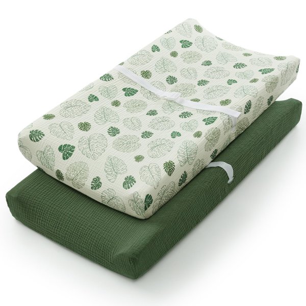 Muslin Changing Pad Cover for Baby Girls Boys, Cotton Natural Comfort Diaper Change Table Pad Covers, Ultra Soft Breathable Boho Changing Pad Sheets, 2Pack (Monstera Leaves&Dark Green)